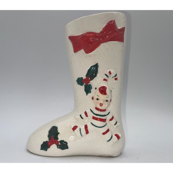 Other - Vintage Ceramic Candy Cane Pixie Elf Christmas Boot Stocking Planter Vase Decor